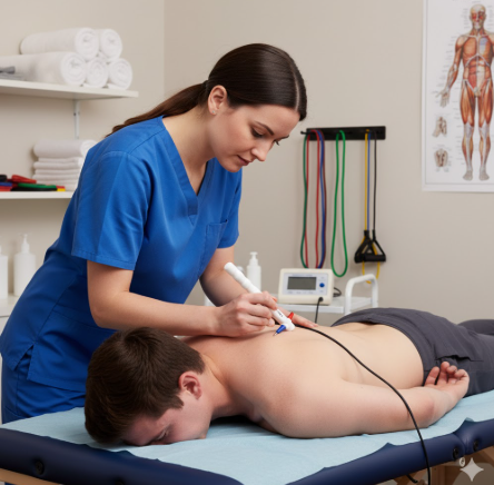 Practitioner using diagnostic tool to scan patient