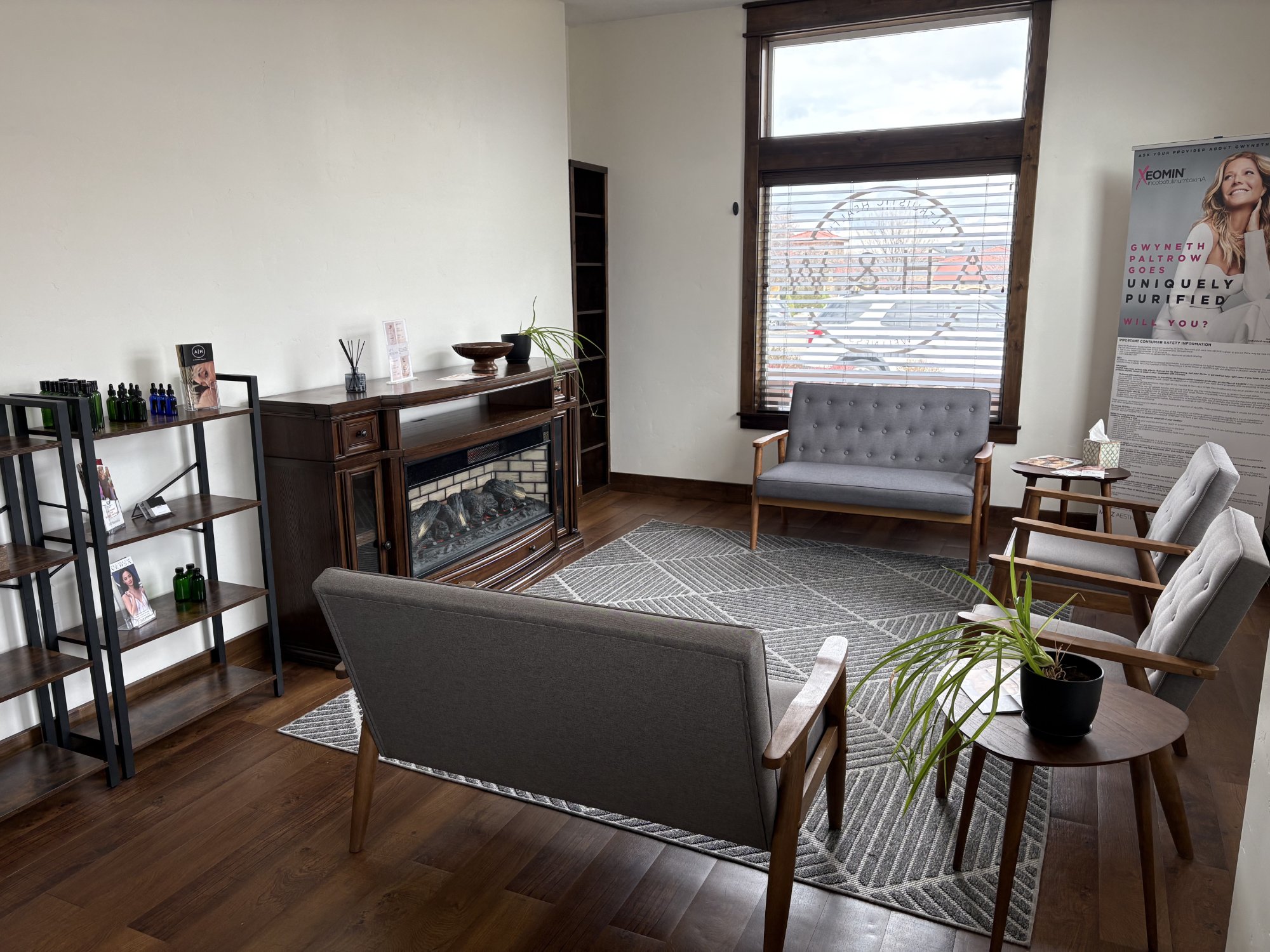 Comfortable waiting room with fireplace at Snake River Acupuncture
